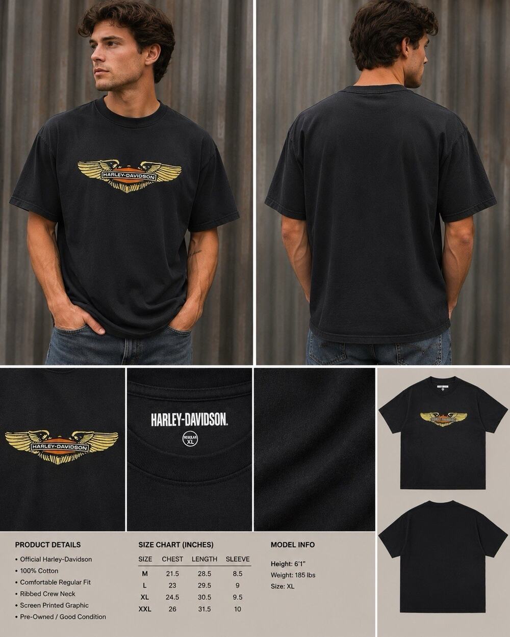 Harley-Davidson Men’s XL Black Eagle Wings Graphic T-Shirt Motorcycle Biker Tee